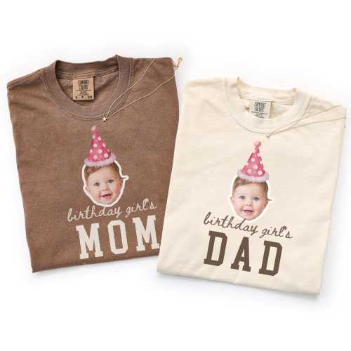 Birthday Girl Mom Dad Shirts, Custom Face Party Hat Tee, Matching Parent Birthday Outfit, First Birthday Shirt Gift for Mama Dada Set Duo