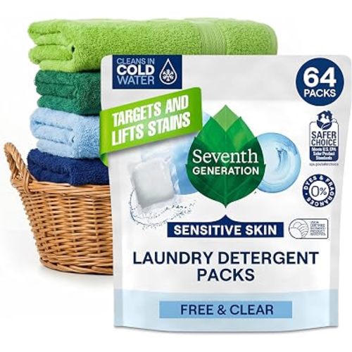Seventh Generation Laundry Packs, Free & Clear, Sensitive Skin, 64 Count