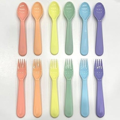 12 Pieces Toddler Utensils Set, Plastic Spoons and Forks Set for Kids, Children Safe Flatware, Plastic Reusable Cutlery, BPA Free, Dishwasher Safe