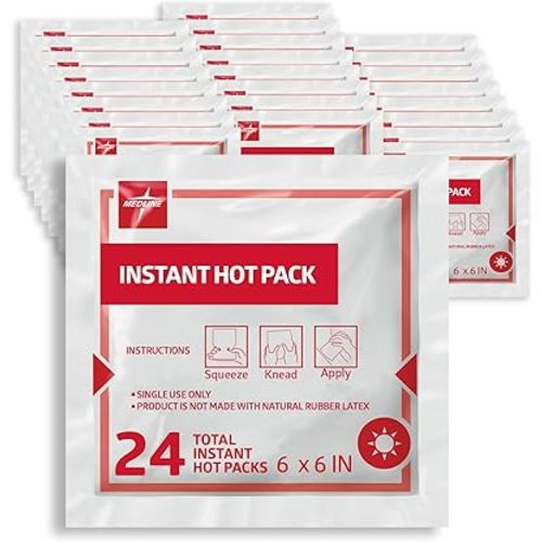 Medline Instant Warm Pack, Disposable, 6" x 6", 24 per Pack, Heat Packs for Pain Relief, Muscle Soreness and Increased Blood Flow