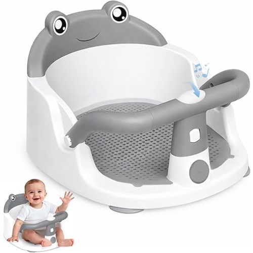 Baby Bath Seat for Babies 6 Months & Up - One-Handed Snap-On Armrest Baby Bath Chair | 4 Suction Cup Non-Slip Baby Bathtub Seat with Storage Bag | Ergonomic Infant Bath Seats for Baby Sitting Up Grey