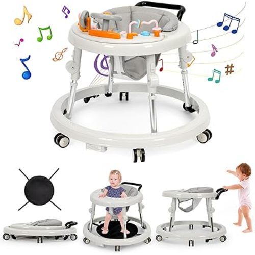 Music and Lights Baby Walker Foldable with 9 Adjustable Heights, Baby Walker with Wheels Portable, Baby Walkers and Activity Center for Boys Girls Babies 7-18 Months (New-White)