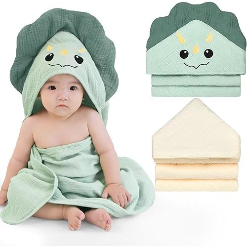 Unicorn Castle Hooded Baby Towels 2Pack 100% Muslin Baby Bath Towels for Newborn Animal Design Ultra-Soft Baby Girl Boy Bath Essentials 30 X 30 Inch,Green Dinosaur - Beige