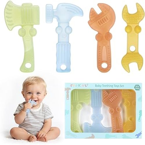 TYRY.HU Baby Teething Toys for Babies 0-6 Months 6-12 Months, BPA Free Silicone Baby Molar Teether Chew Toys, Hammer Wrench Spanner Pliers for Boys Girls, Soft-Textured, Easy to Hold & Clean, 4 Packs