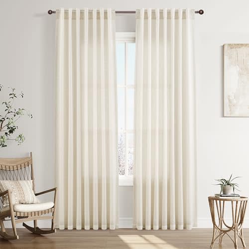 Joywell Linen Sheer Curtains 84 Inches Long for Living Room Natural Cream Curtain Back Tab 2 Panel Neutral Boho Farmhouse Light Filtering Window Drapes for Bedroom Beige Ivory 52x84