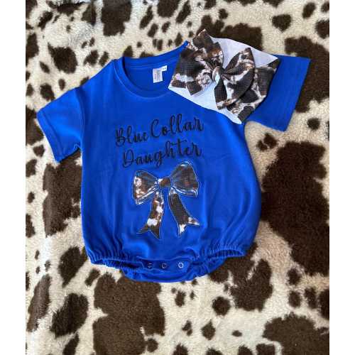 Blue Collar Daughter Romper, Cow Print Bow, Western Baby Girl Outfit