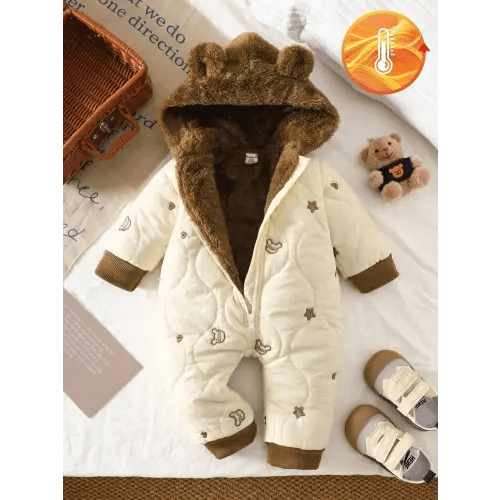 SHEIN Newborn Unisex Baby Winter Brown And White Polka Dot Cute Modest Date Heart & Star Embroidered Hooded Long Sleeve Jumpsuit Plush Ear Bear Jacket | SHEIN USA