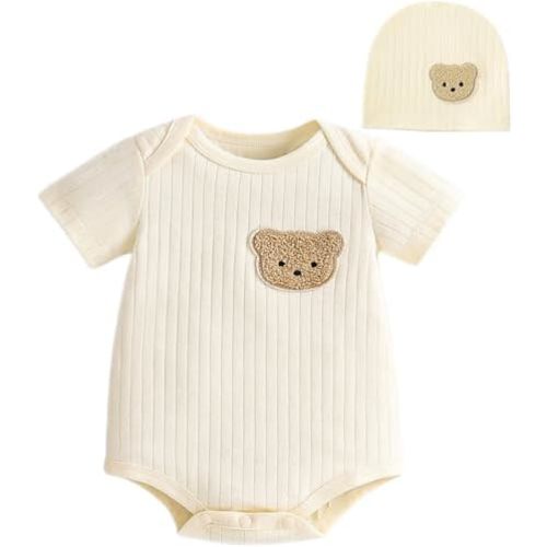 Baby Onesies with Hat Set, 100% Cotton Long Sleeve Ribbed Infant Romper for Newborn Boys Girls