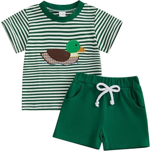 Toddler Baby Boy Summer Clothes Waffle Striped Embroidered T-Shirt Short Set Infant Outfit 6 12 18 Months 2T 3T