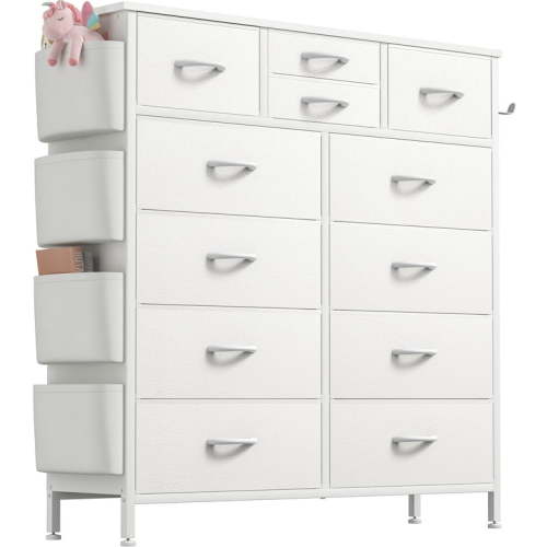 GIKPAL 12 Drawer Dresser, White Dresser Chest of Drawers Dressers for Bedroom PU&Fabric Dresser with Side Pockets and Hooks, White