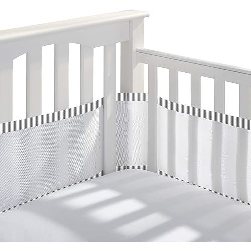 BreathableBaby Breathable Mesh Liner for Full-Size Cribs, Classic 3mm Mesh, Gray Seersucker (Size 4FS Covers 3 or 4 Sides)