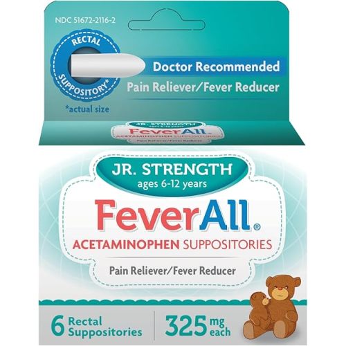 Feverall Children Acetaminophen Suppositories 6 Rectal Suppositories 325mg Each Pain Reliever/Fever Reducer. Paraben Free, No Artificial Colors or Other preservatives. Ages 6-12 Years