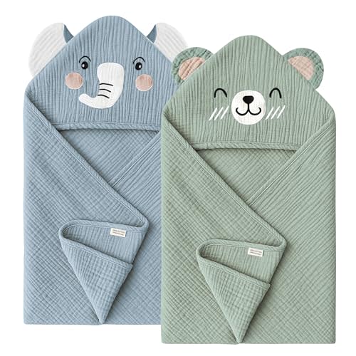 Konssy 2-Pack Muslin Baby Hooded Towels, 100% Cotton, Soft and Absorbent Baby Bath Towels for Newborn, Infant & Toddler with Animal Hooded Design(Elephant & Bear)