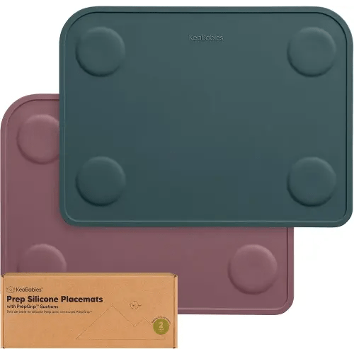 KeaBabies 2-Pack Silicone Placemats for Toddlers - 12x9 Non Slip Suction Baby Silicone Placemat for Kids Eating, Easy to Clean, Busy Travel Baby Mat for Dining Table, Food Grade/BPA-Free (Rocky)