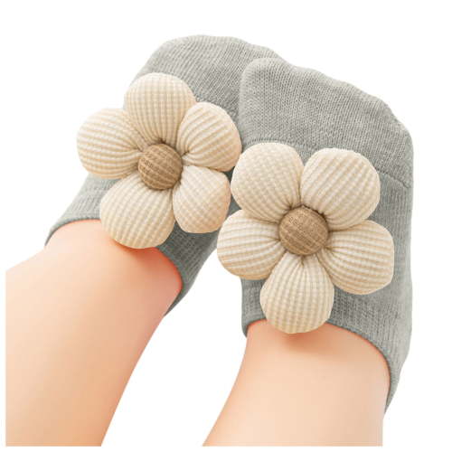 Sopiago Non-slip Baby Girl Socks With Grips for Newborn Infant Toddler Girls,Soft Ankle Socks Toddler Flowers Design Grip Socks 0-1 Years,Grey