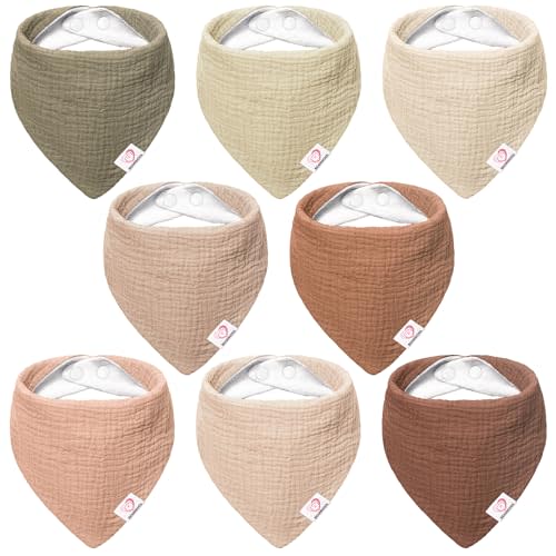 Bearmoss Muslin Baby Bibs 8 Pack Soft Bandana Bibs for Drooling & Teething, Absorbent Burp Cloths with Adjustable Snaps