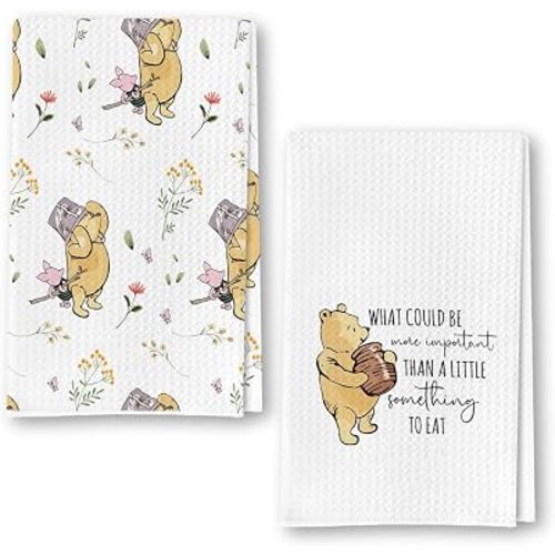 Winnie Kitchen Towels Set of 2 - The Pooh Bear Decor Stuff for Kitchen Bathroom - Winnie Dishes Dish Towel - Winnie Bathroom Hand Towels - The Pooh Gifts for Women - Winnie Waffle Towels