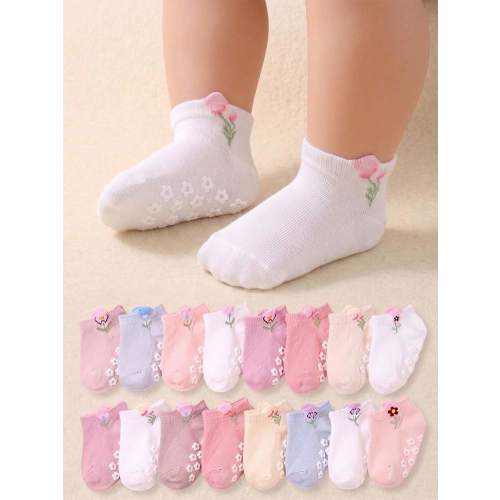 6/12/24 Pairs Soft Breathable Anti-Slip 3D Floral Jacquard Toddler Girls Socks, Elastic Non-Binding Everyday Socks For 0-36 Months, Suitable For Spring/Summer Daily Wear, Back To School & Indoor/Outdoor Activities, Baby/Toddler Girls Socks, Anti-Slip Sock
