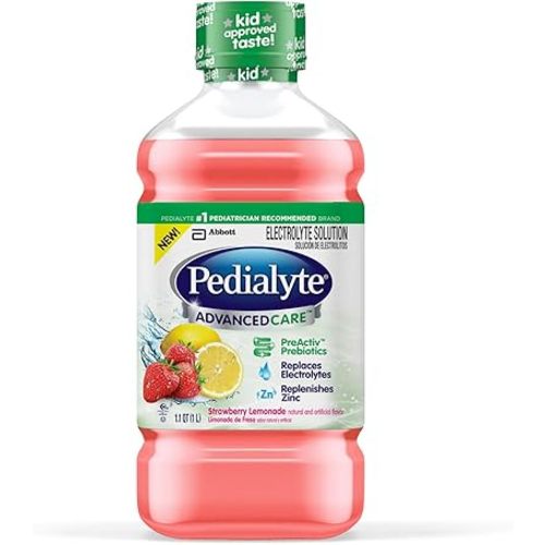 Pedialyte AdvancedCare Electrolyte Solution Has PreActivPrebiotics | Hydration Drink | Strawberry Lemonade, 1 Liter, Pack of 4