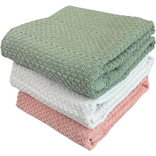 Sage White Light Pink Kitchen Hand Dish Towels: Oversized 28" x 18",100% Cotton Cloth Soft Cleaning Drying Absorbent Textured Design, Set of 3 Multipurpose for Everyday Use - Natural Collection
