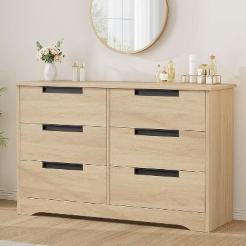 6-Drawer Natural Wood Double Dresser - Modern Storage with Recessed Handles for Bedroom or Living Room