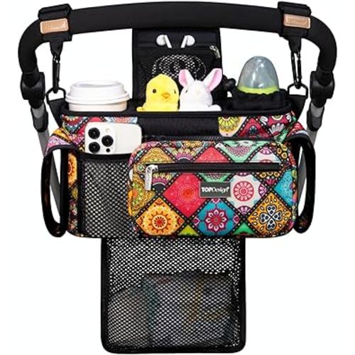 TOPDesign Universal Baby Stroller Organizer, Stroller Caddy with Detachable Mesh Bag & Heightened Insulated Cup Holders & Non-Slip Secure Hooks Accessories, Fits Most Strollers (Yoga)