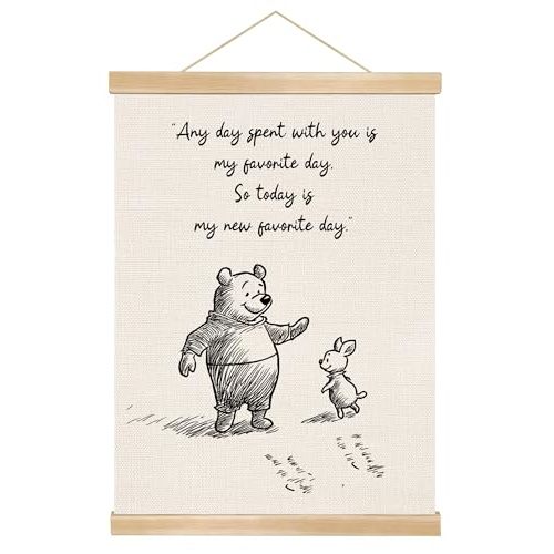 Little Bear the Pooh Quote Wall Art -Any Day Spent with You-Natural Linen Poster with Wooden Frame, Cute Hand-Drawn Print for Nursery, Kids Room, Baby Shower, or Friendship Gift, 14 x 18.5 Inch