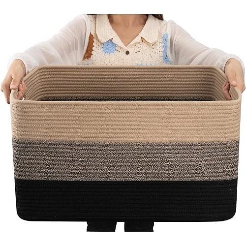 OIAHOMY Large Blanket Basket, 22”x17”x12” Rectangle Woven Baskets, Nursery Blanket Storage Living Room, Toy Storage With Handle, Large Baskets for Organizing-Yellow Black