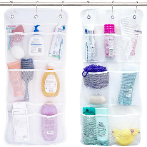 Shower Organizer, Shower Caddy or Bathroom Organizer with Quick Drying Mesh, 7 Pockets to Hold Shampoo, Soap, Loofah, and Cruise Ship Essentials, 14 Inch by 30 Inch, White, 2 Pack