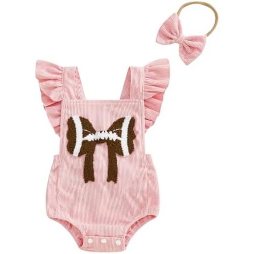 Karuedoo Newborn Baby Girl Football Clothes Football Bow Embroidery Ruffle Sleeveless Corduroy Romper Bodysuit with Headband