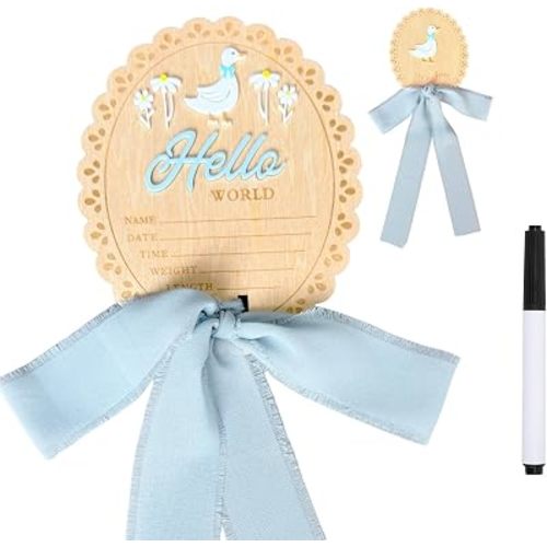 Baby Announcement Sign,Wooden Hello World Newborn Signs, Hes Here Baby Sign,Welcome to The World Birth Boys, Birth Announcement, Shower Hospital Nursery for Newborn Girls (Boy-Blue)