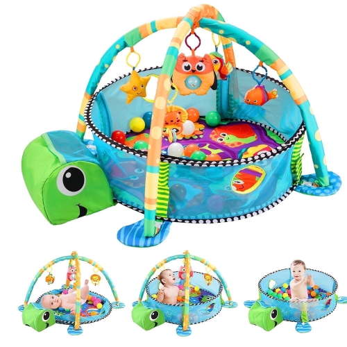 Baby Play Mat, Caveen 3 in 1 Baby Play Gym Activity Mat, with Hanging Toys and Ocean Balls, for Infants Toddlers, Blue Turtle