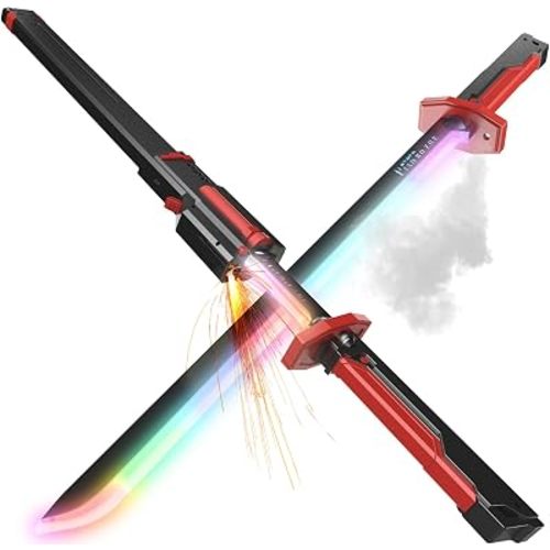 EVADA Neon LED Spark Sword with Sound and Fog, Type-C Recharge, 31.5" Glowing Ninja Blade Weapon for Kids and Adults, Toys for Cosplay, Rave and Halloween(Red)