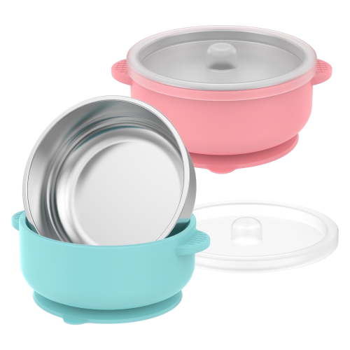 Ihvewuo 2 Pcs Suction Bowl Unbreakable Stainless Steel Toddler Bowl with Lid and Silicone Base for Toddler Infant Boy Girl