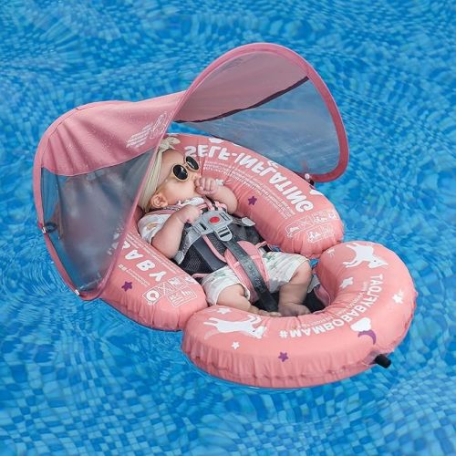 HECCEI Mambobaby Baby Pool Floats Hammock with Canopy - Portable Swimming Floating Toys Self-Inflating Water Hammock Pool Raft Floatie Lounger for Baby Summer Lake Beach UPF50+, Pink