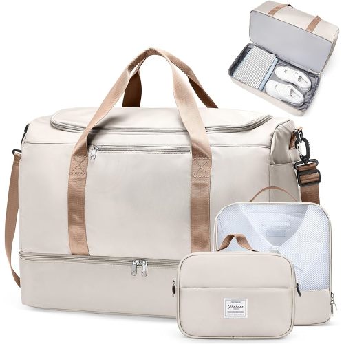Extra Large Travel Duffle Bag,Carry on Overnight Weekend Bag with Shoes Compartment,Weekender Bags for Women for Travel Business Trips Sport Hospital,3 Pcs Set,Beige & Brown