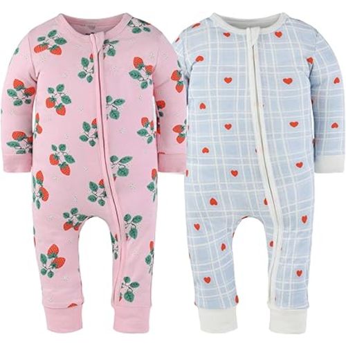 The Peanutshell 2-Pack Sleep and Play Baby Girl Clothes, Soft Cotton Footless Pajamas, Strawberry Sweet Treats