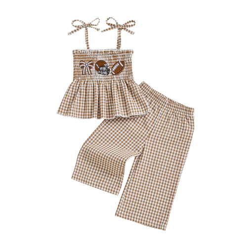 BemeyourBBs Toddler Baby Girls Football Outfit Cute Infant Baby Girls Summer Clothes Plaid Print Bow Football Embroidery Sleeveless Smocked Camisole Tank Top Elastic Waist Wide Leg Pants Set