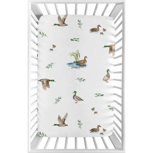 Sweet Jojo Designs Mallard Ducks Cottagecore Fitted Mini Portable Crib Sheet - Watercolor Duck Pond, Nature, Wildlife, Lake