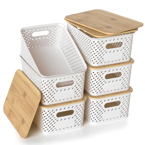 Plastic Storage Bins with Bamboo Lids, Stackable Small Box Baskets for Organizing and Containers for Shelves Drawers Desktop Closet Pantry Classroom Office Home, 6 Pack 10.2x7.2x4.1 Inch, White