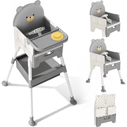 Baby High Chair 3 in 1 High Chairs for Babies and Toddlers Bear Toddler Chair Adjustable Height Highchair with Bib and Storage Bag for Baby Convenient Comfortable Feeding（Grey）