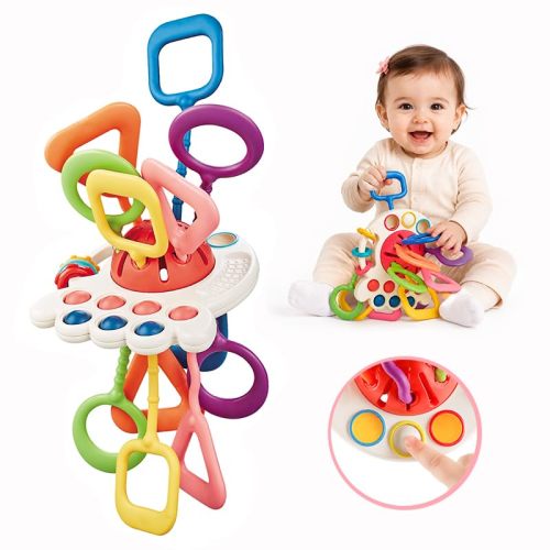Montessori Silicone Pulling Toy for Babies (Red) | 6 in 1 Pull String Sensory Toy, Baby Teething Toy, Car Seat & Stroller Toys, Gift for 1 Year Old Boy Girl