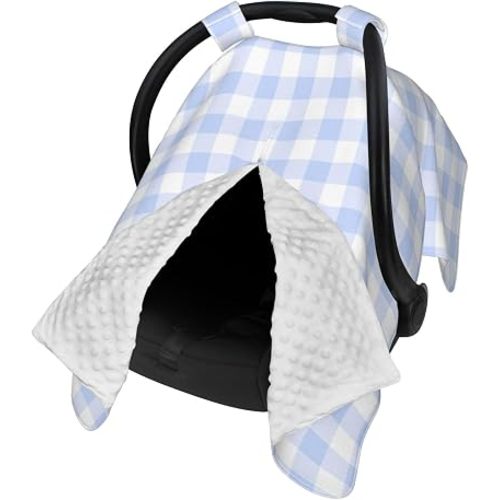 Seamless Light Blue Gingham Plaid Baby Car Seat, Rain Shelter, Multifunctional Nursing Cover for Newborns, Mother Care, Breastfeeding