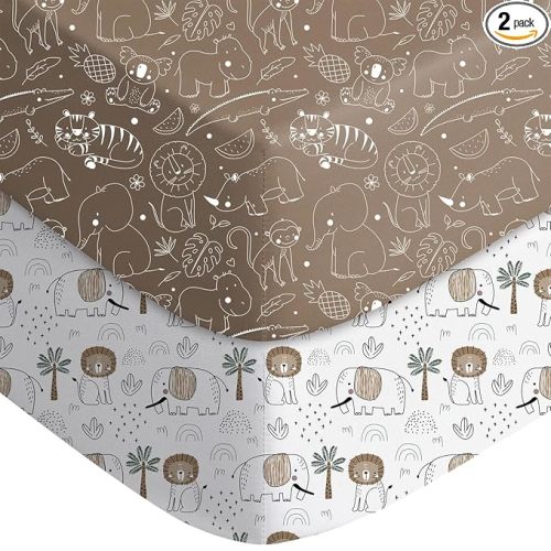 Pack and Play Sheets Fitted, Mini Crib Sheets 2-Pack for Pack N Play Mattress, Stretchy Playpen Sheet for Boys Girls, Softness and Breathable, 38" x 26"