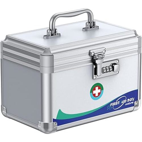 Uniclife Medicine Lock Box First Aid Box with Combination Lock & Handle Portable Medication Metal Lockable Medicine Storage Box Security Lock Box for Medications, 10" x 6" x 6.5"