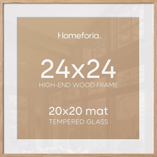 24x24 Wood Picture Frame, High End Natural Oak 24 x 24 Square Light Wooden Poster Frame with Mat 20 by 20 Photo, 24by24 Large Frames Matted to 20x20 Print, Tempered Glass, Wall Kit, Set of 1