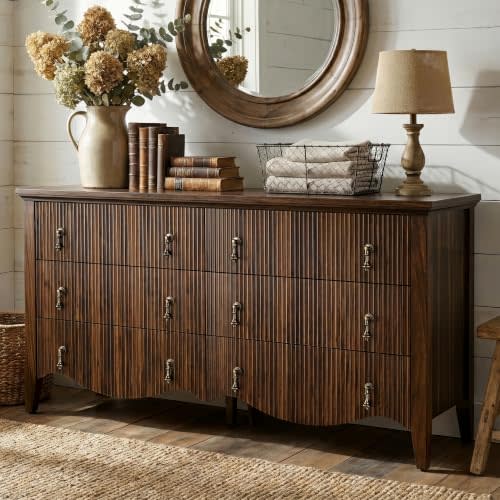 FUSUNBAO 6-Drawer Fluted Dresser, Wide Double Chest of Drawers,Walnut | Fluted Design, Horizontal Chest of Drawers, Freestanding Storage Cabinet, For Bedroom & Living Room, Farmhouse Decor