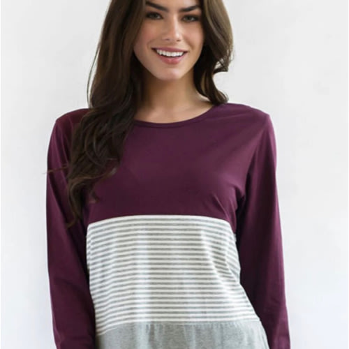 Long Sleeve Cotton Nursing Top- 3 Block- Wine