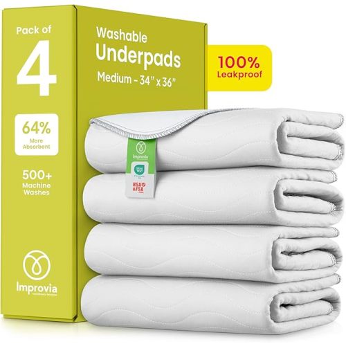 IMPROVIA® Washable Underpads, Heavy Absorbency Reusable Incontinence Pads for Kids, Adults, Elderly, and Pets - Waterproof Protection Floor White & White (4 Pack - 34x36)