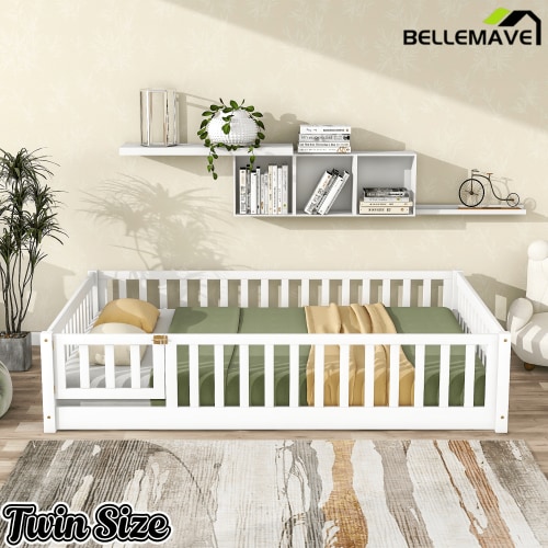 Bellemave® Full Size Montessori Floor Bed with Rails, Pine,Rubber Wood